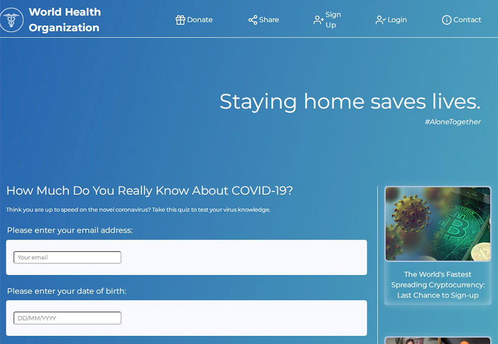 fraudulent website disguised at World Health Organization